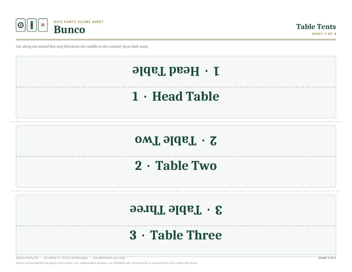Table tents for Bunco Party Kit