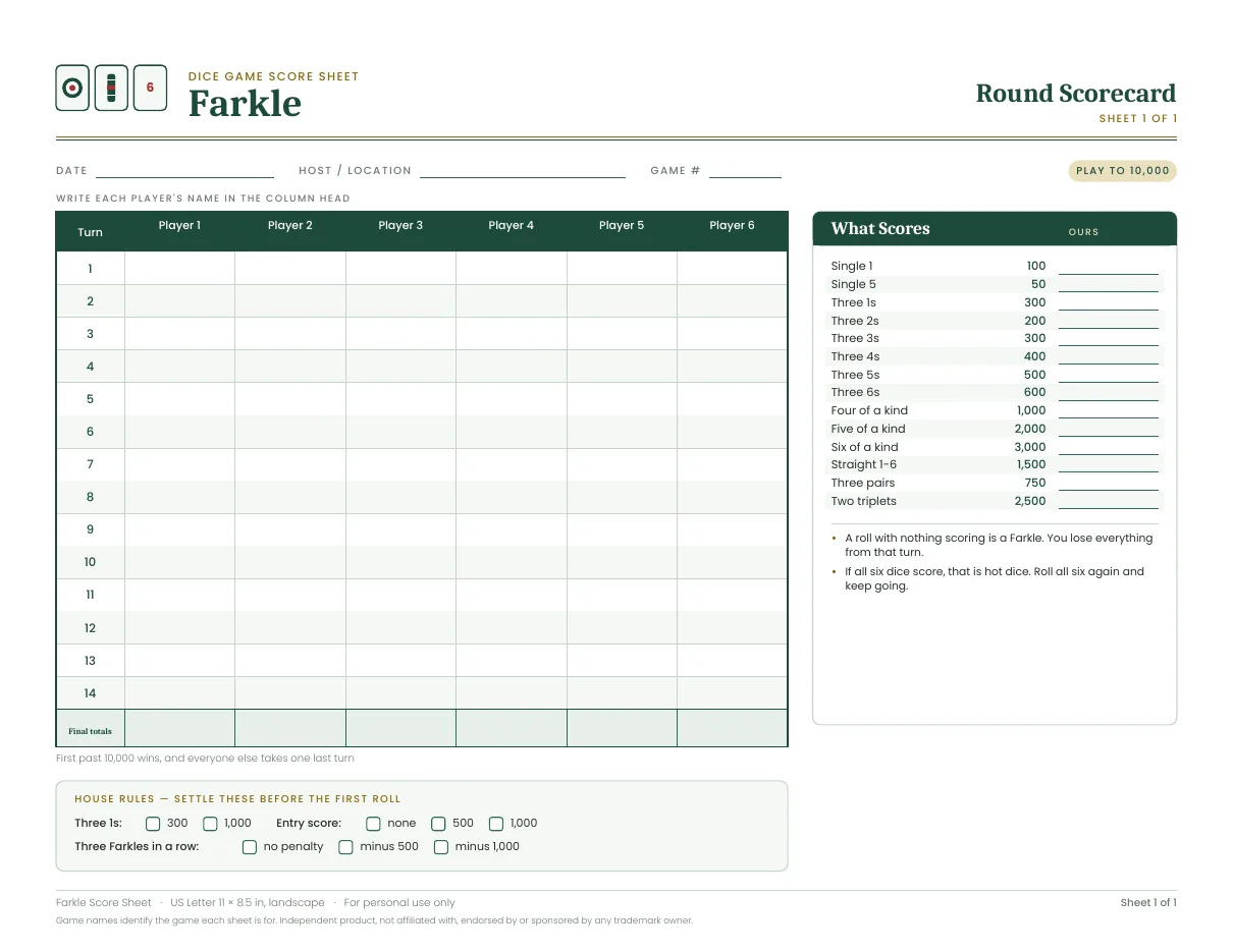 Farkle score sheet