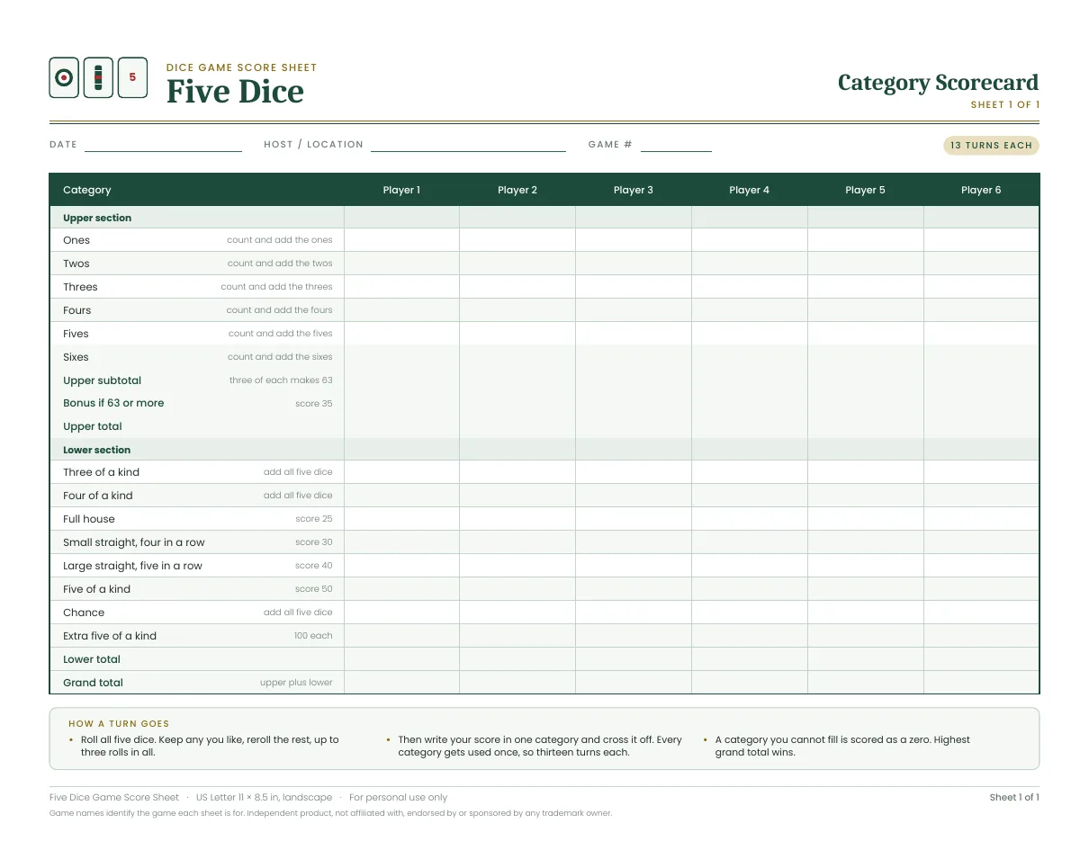 Five Dice Game score sheet