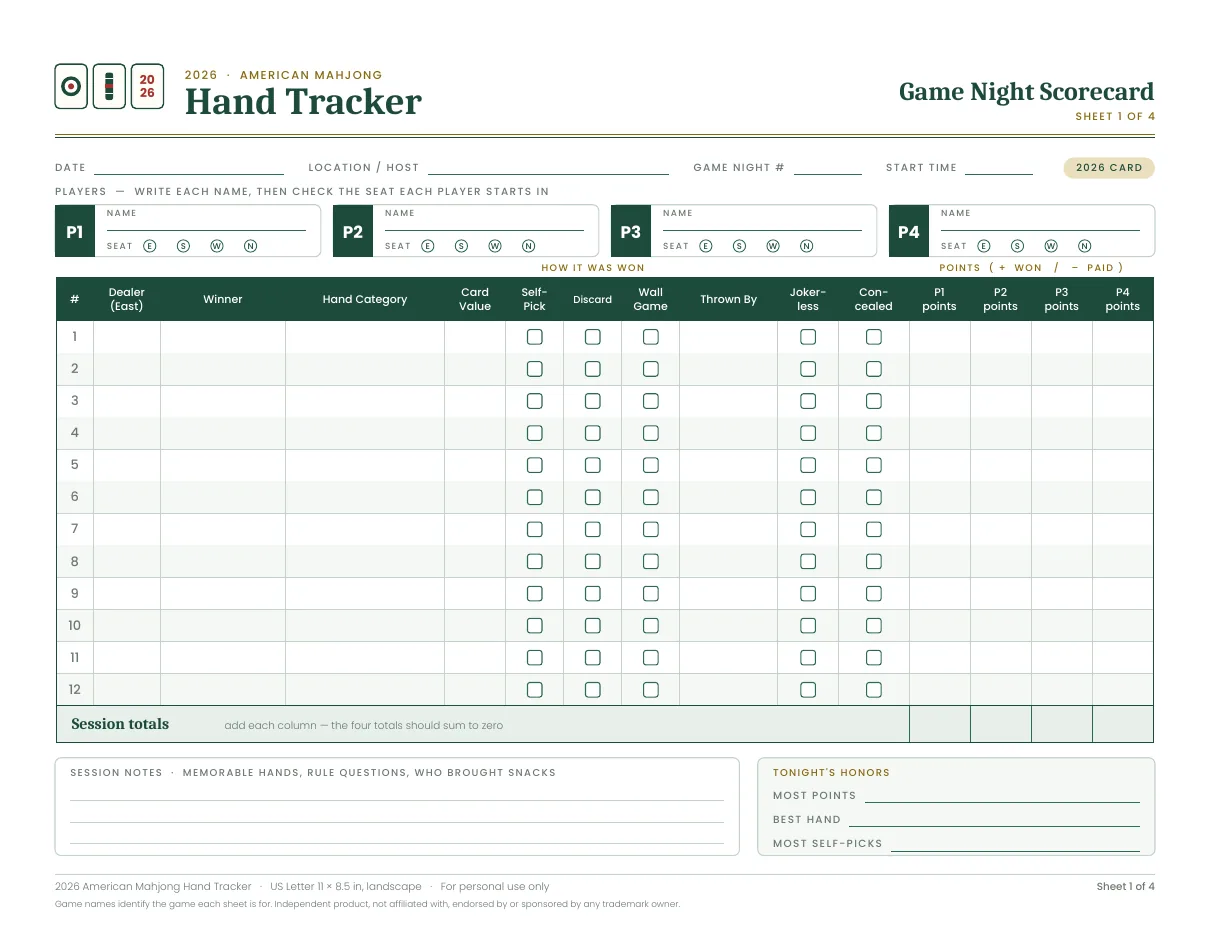 American Mahjong Hand Tracker score sheet
