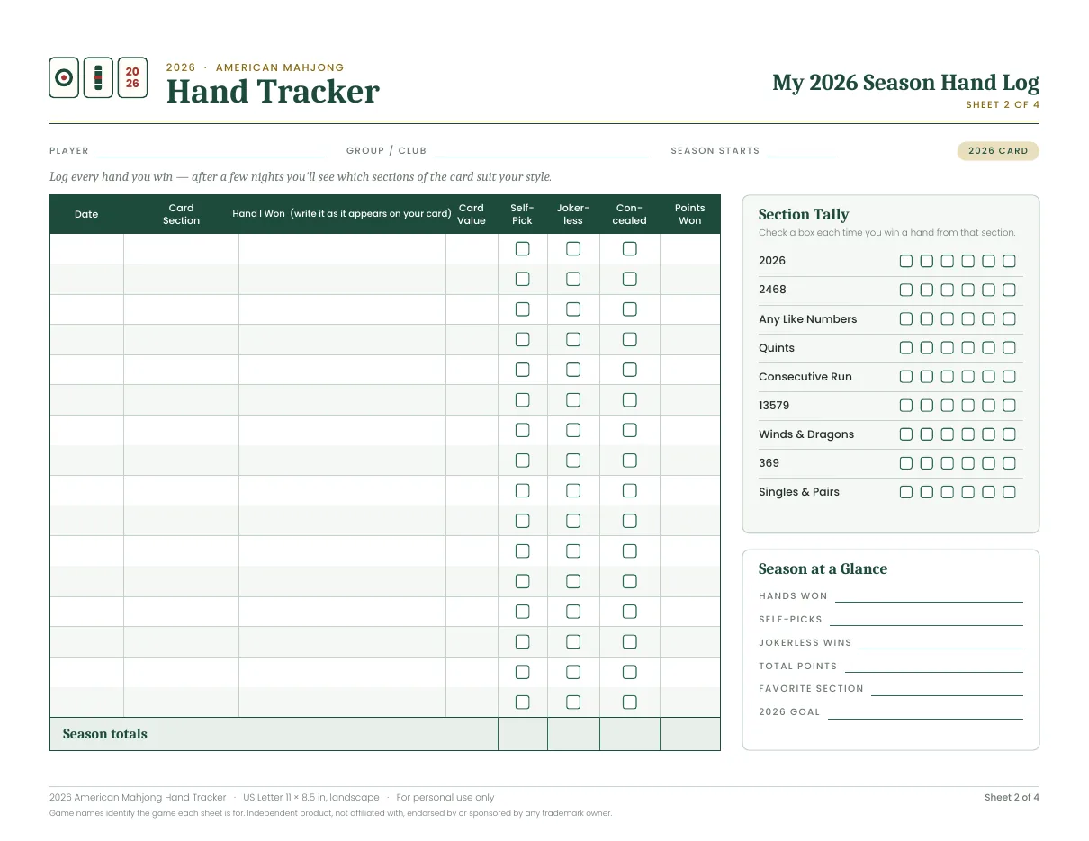 Season hand log for American Mahjong Hand Tracker