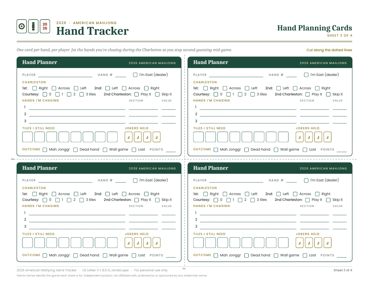 Hand planning cards for American Mahjong Hand Tracker