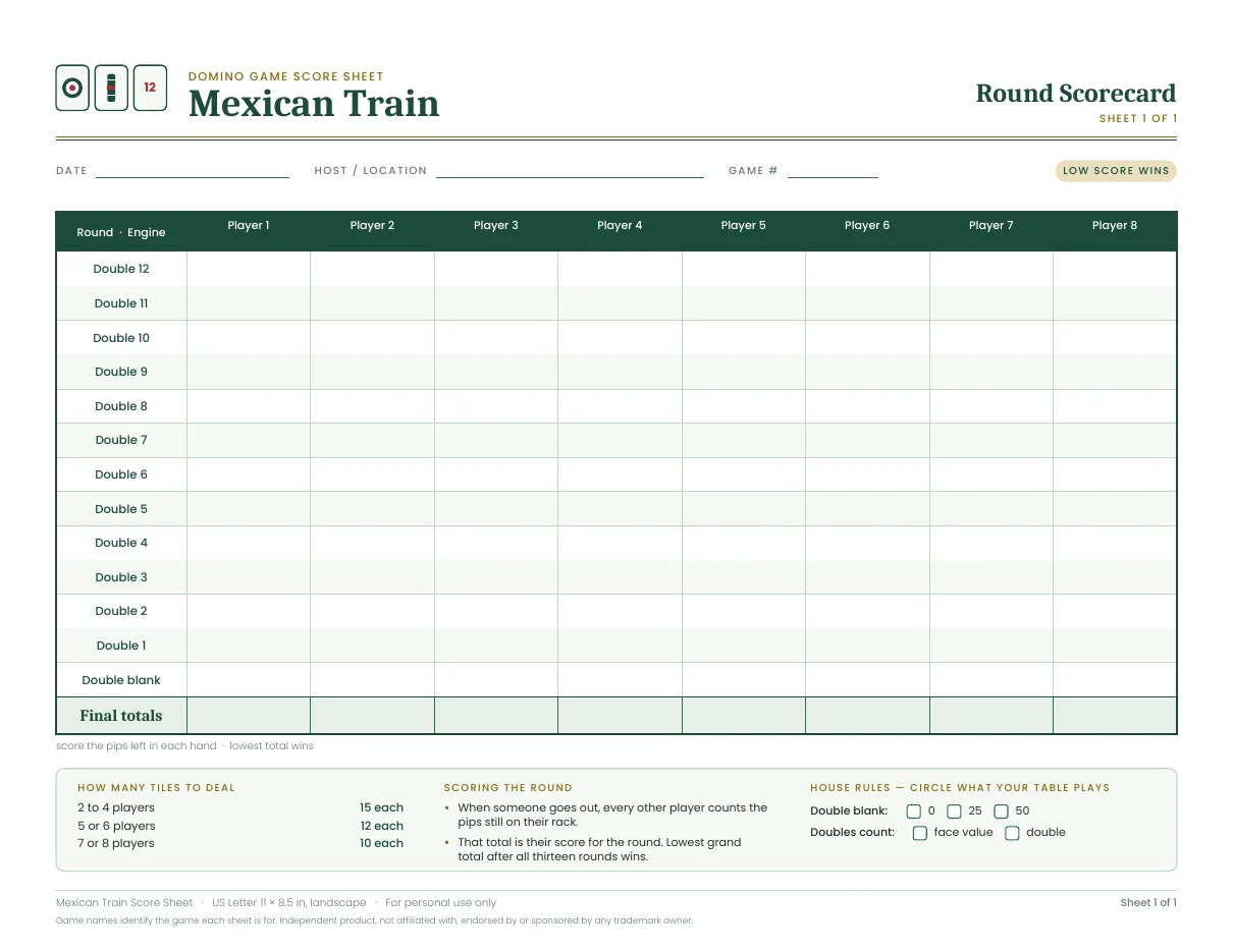 Mexican Train score sheet