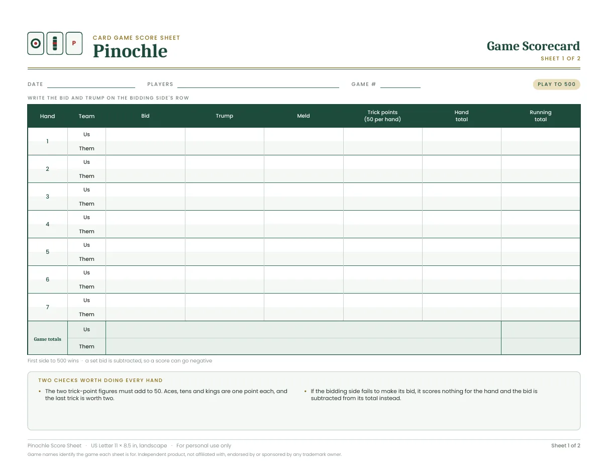 Pinochle score sheet